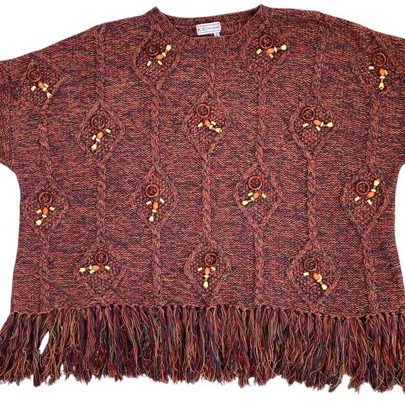 K.C. Creations Oversized Boho Artsy Tunic Sweater W Fringe Hem Rainbow Marled - Picture 8 of 16